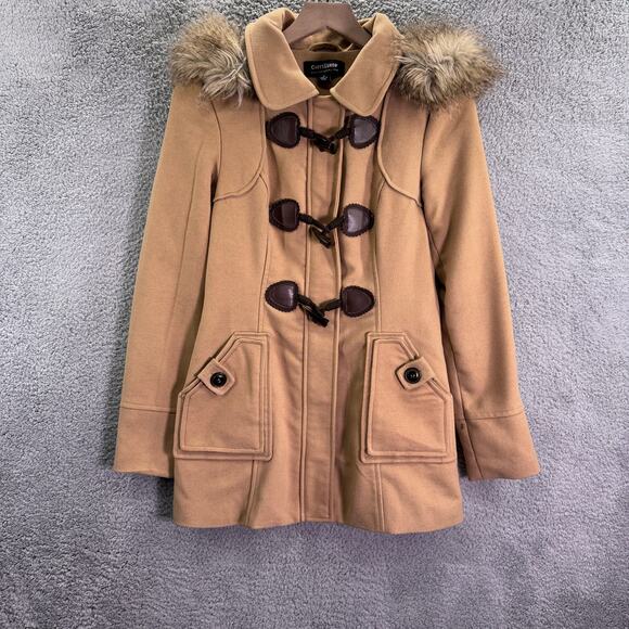 Coffee Shop Coat Womens Medium tan Long Sleeve Button Up Jacket faux fur hooded - Picture 1 of 15
